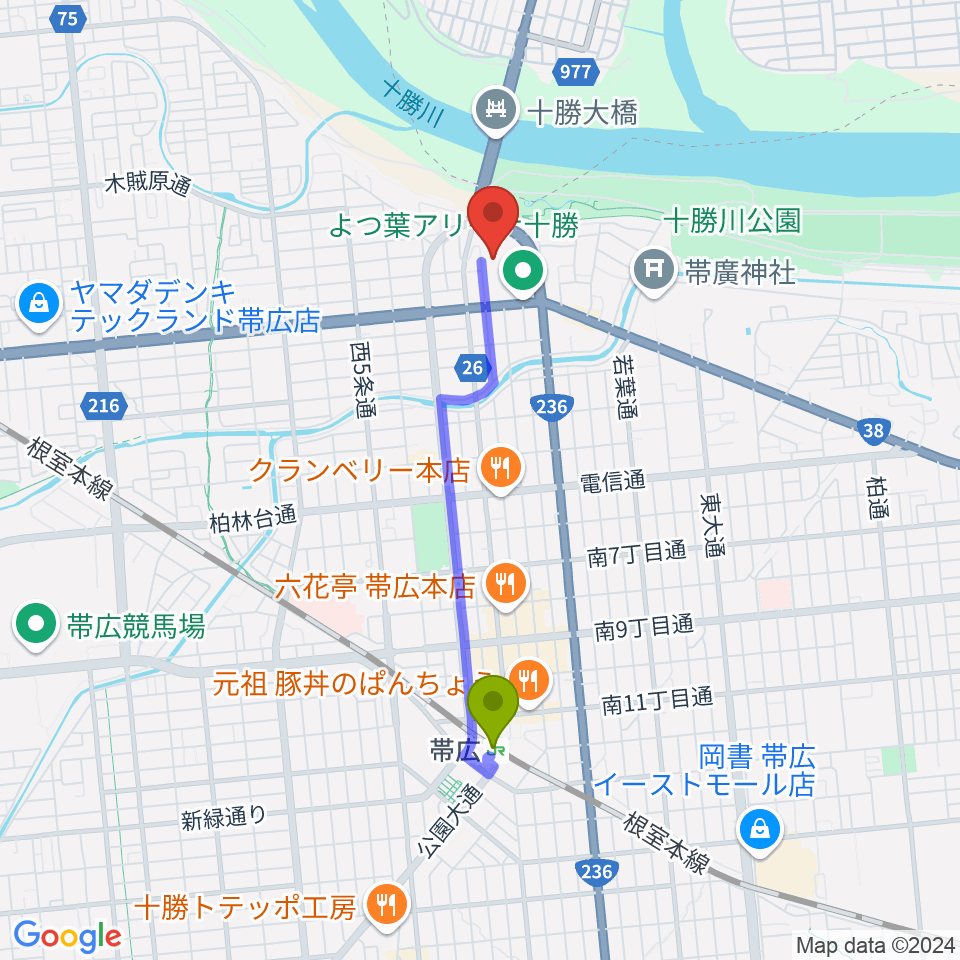 よつ葉アリーナ十勝の最寄駅帯広駅からの徒歩ルート（約28分）地図