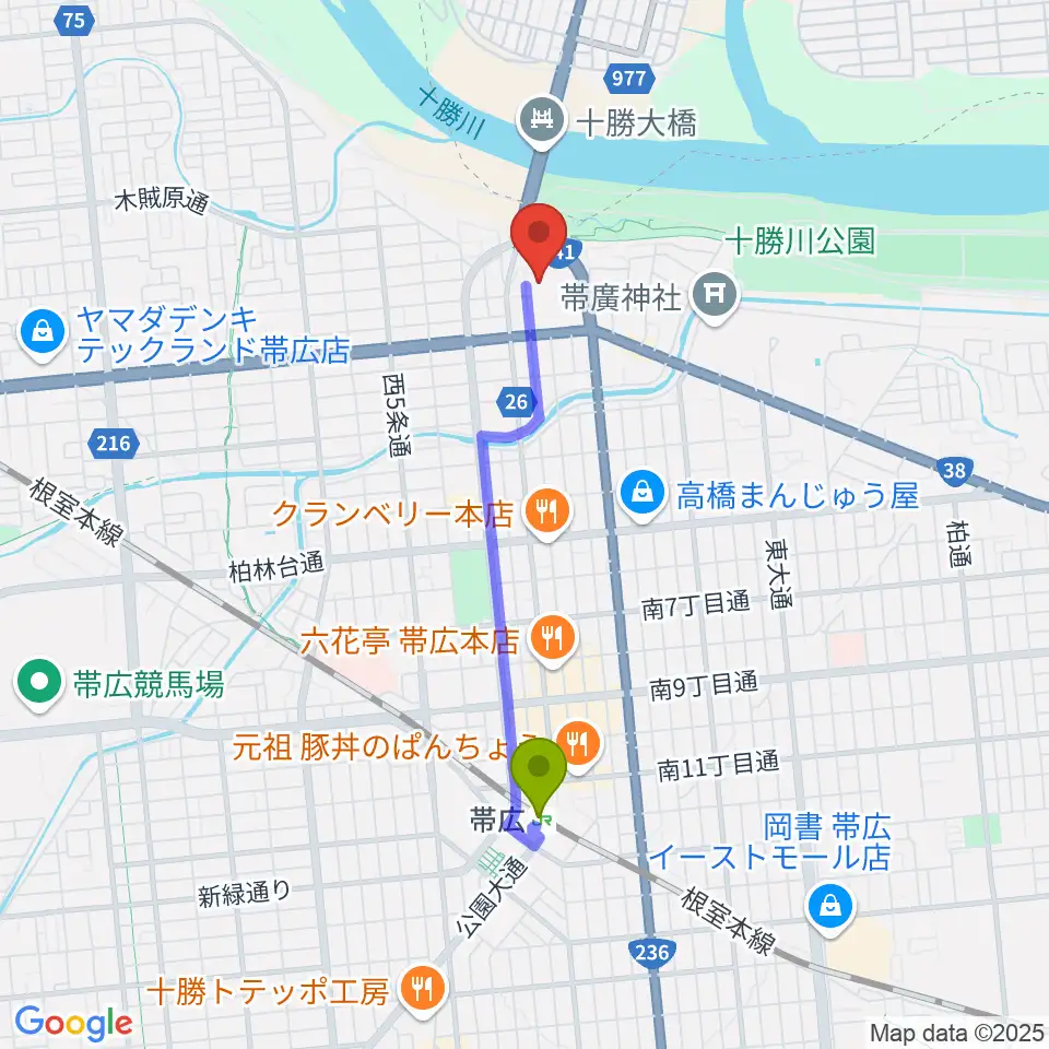 よつ葉アリーナ十勝の最寄駅帯広駅からの徒歩ルート（約28分）地図