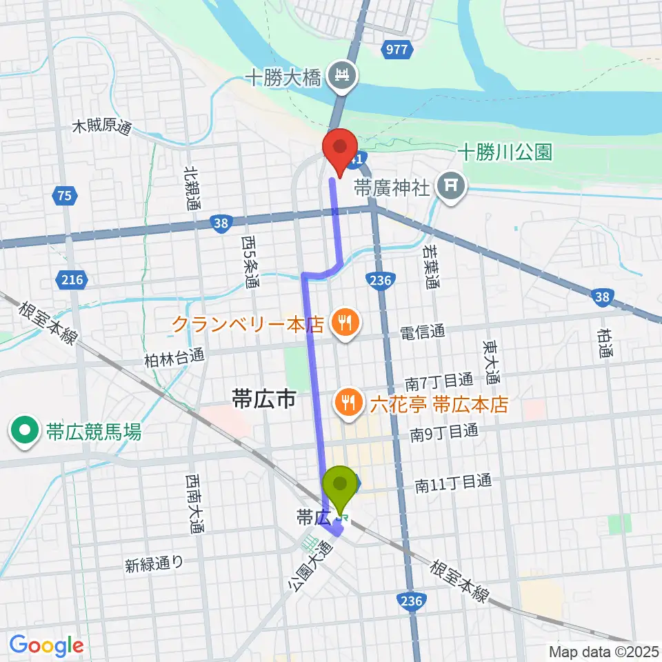 よつ葉アリーナ十勝の最寄駅帯広駅からの徒歩ルート（約28分）地図