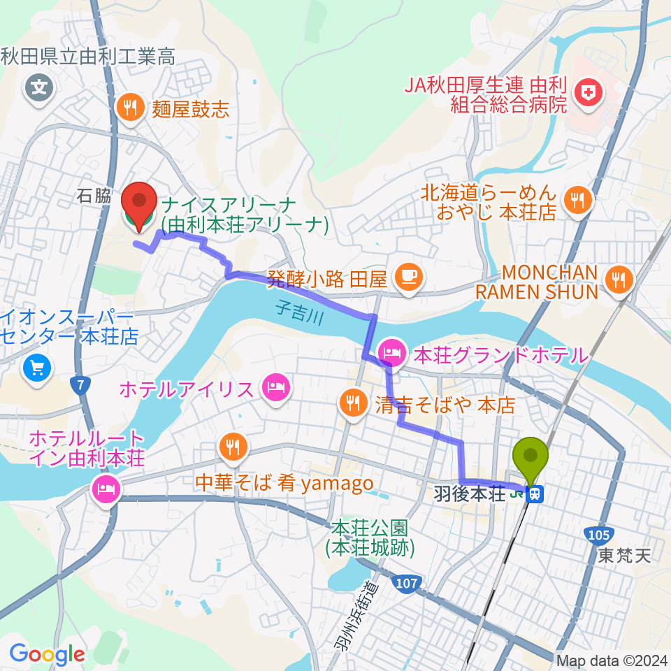 ナイスアリーナ 由利本荘アリーナの最寄駅羽後本荘駅からの徒歩ルート（約41分）地図