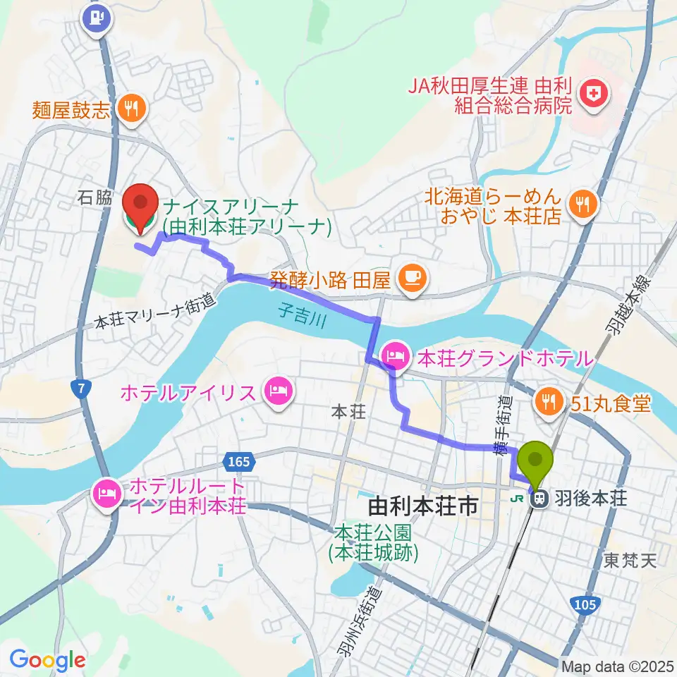 ナイスアリーナの最寄駅羽後本荘駅からの徒歩ルート（約41分）地図