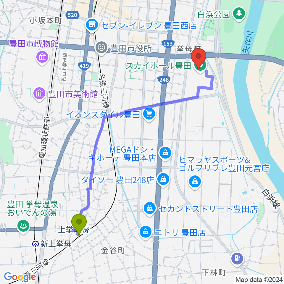 上挙母駅からスカイホール豊田へのルートマップ地図