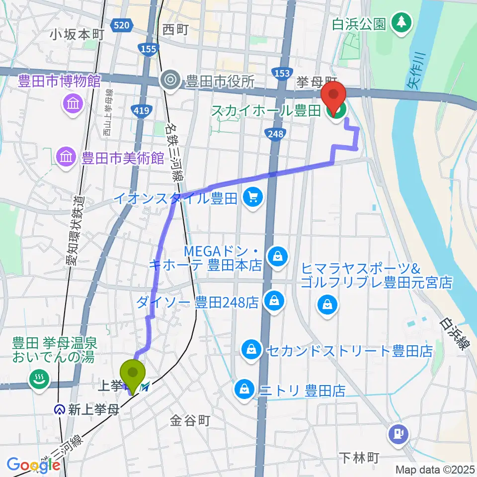 上挙母駅からスカイホール豊田へのルートマップ地図