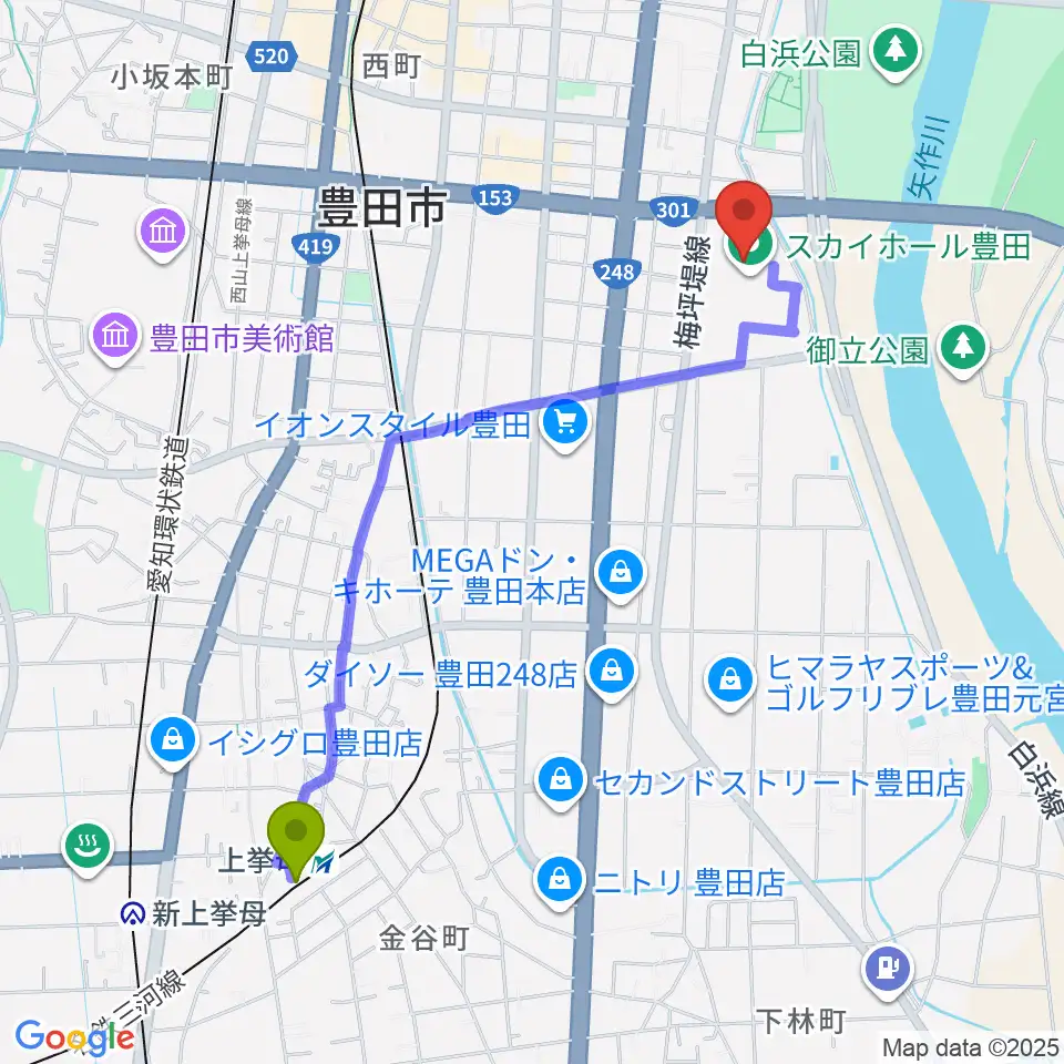 上挙母駅からスカイホール豊田へのルートマップ地図
