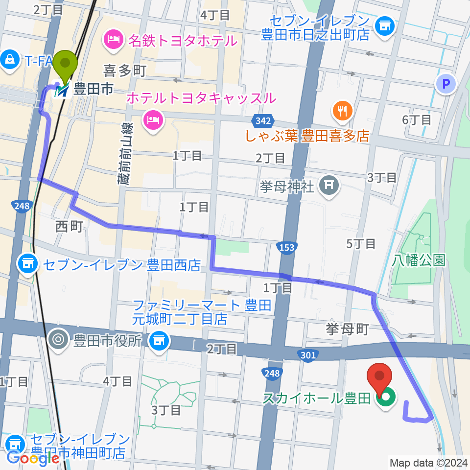 スカイホール豊田の最寄駅豊田市駅からの徒歩ルート（約15分）地図