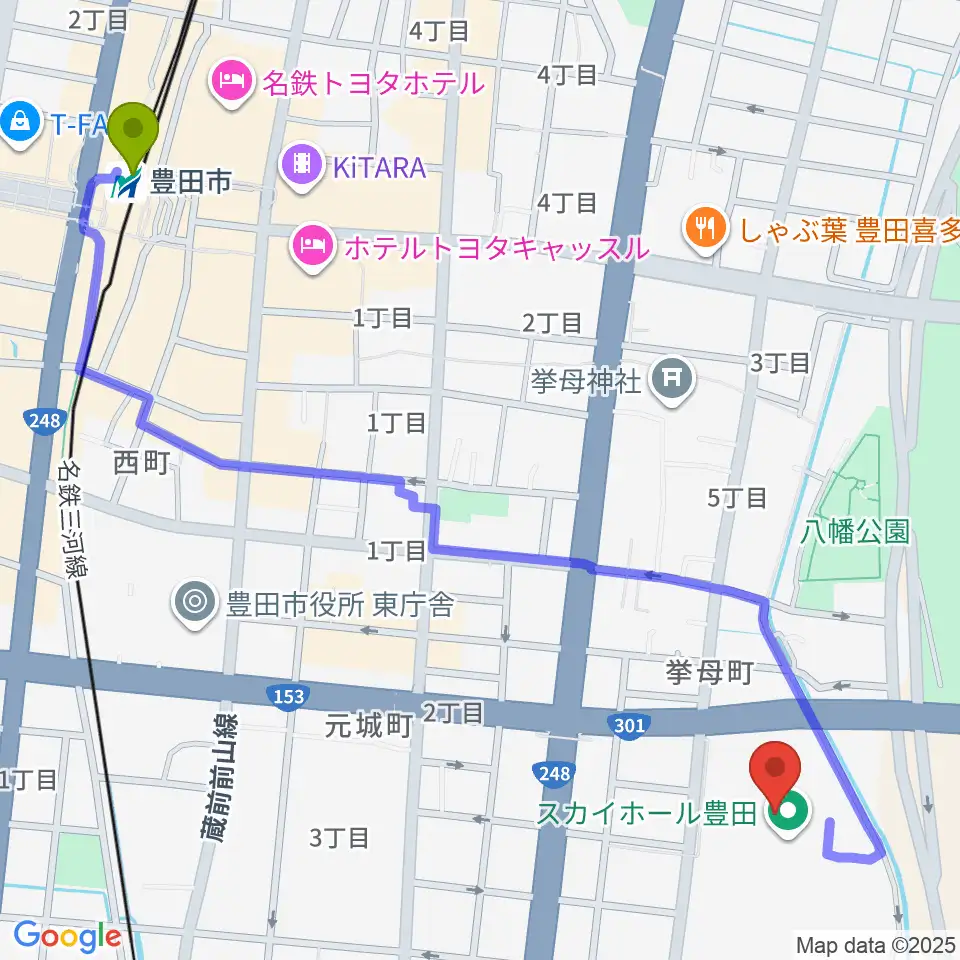 スカイホール豊田の最寄駅豊田市駅からの徒歩ルート（約15分）地図