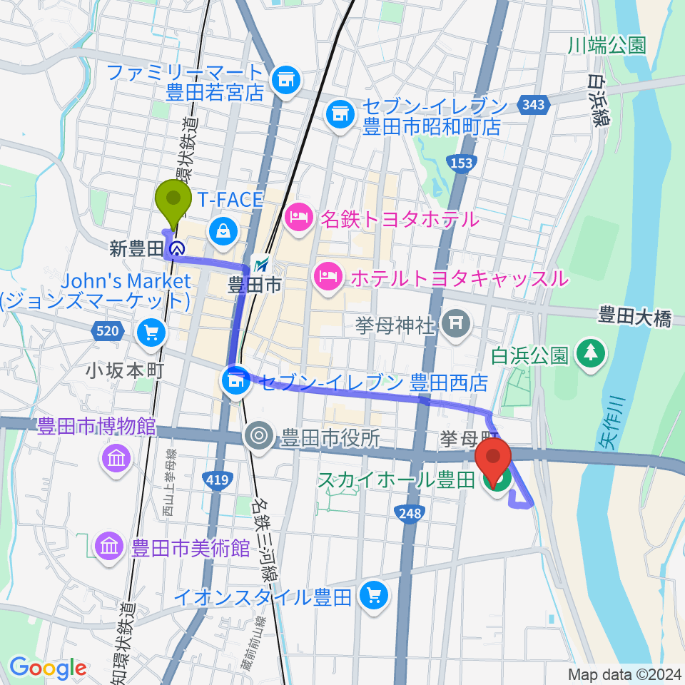 新豊田駅からスカイホール豊田へのルートマップ地図