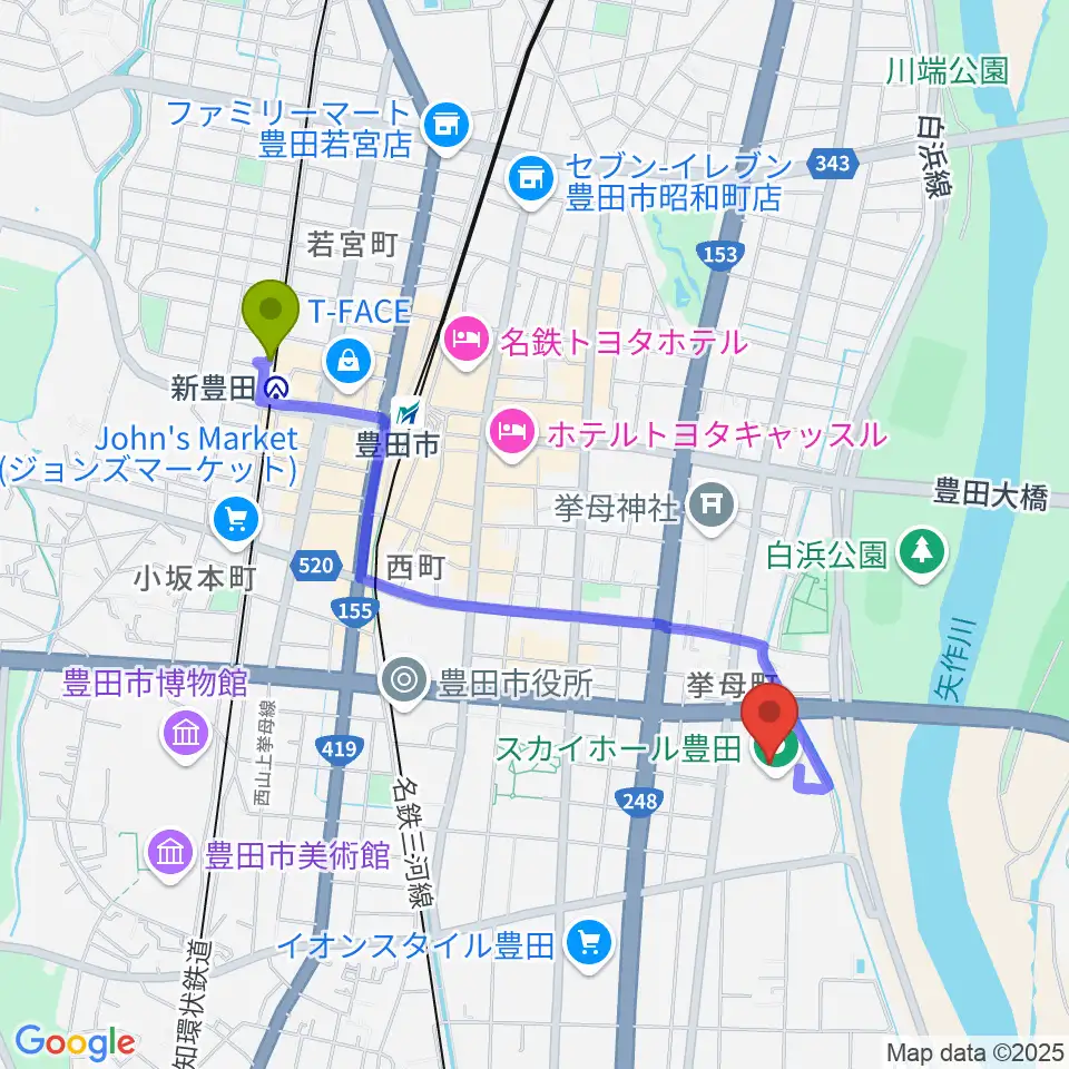 新豊田駅からスカイホール豊田へのルートマップ地図