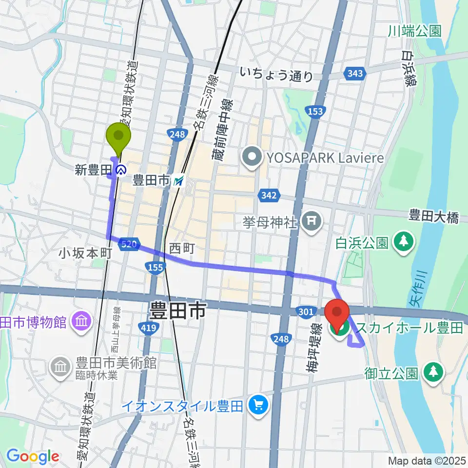 新豊田駅からスカイホール豊田へのルートマップ地図