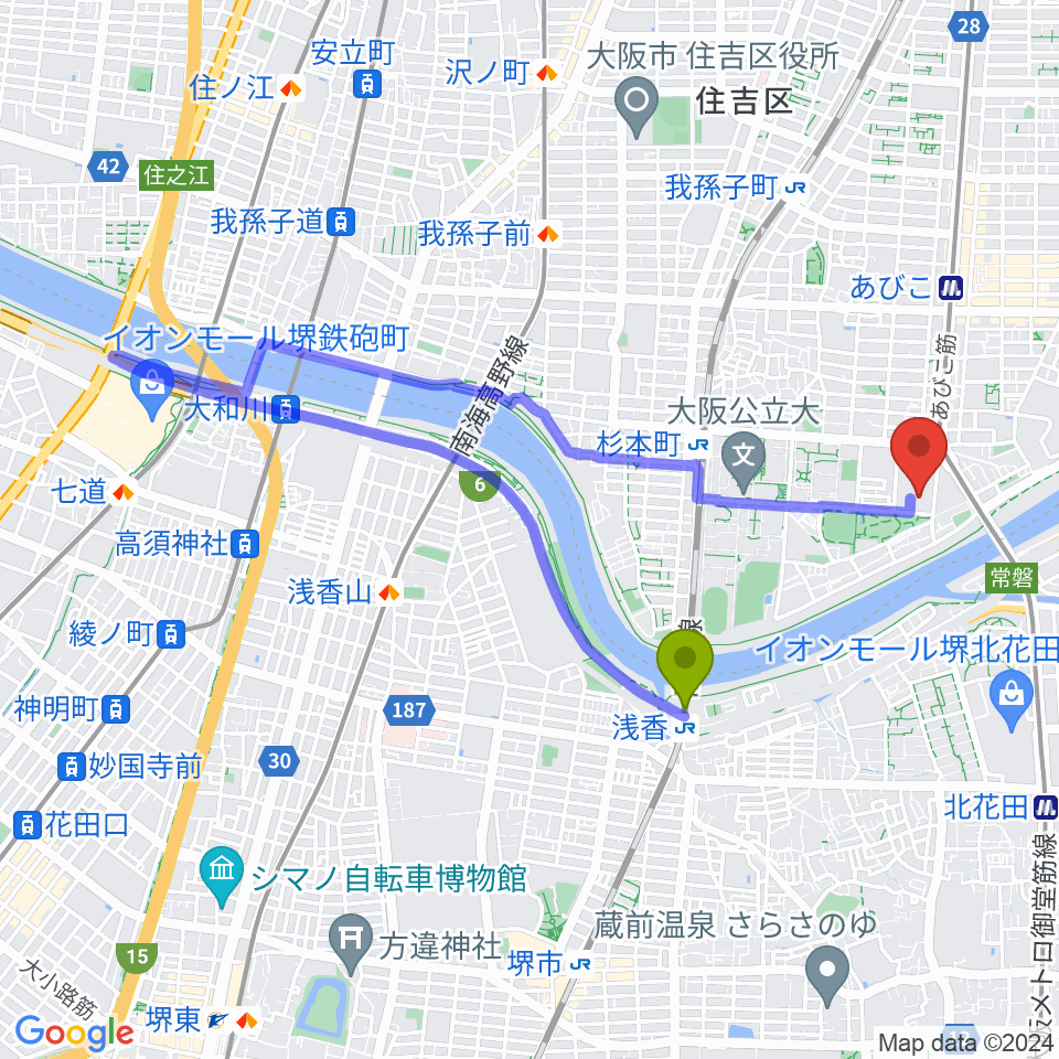 浅香駅から大阪市立住吉スポーツセンター・屋内プールへのルートマップ地図