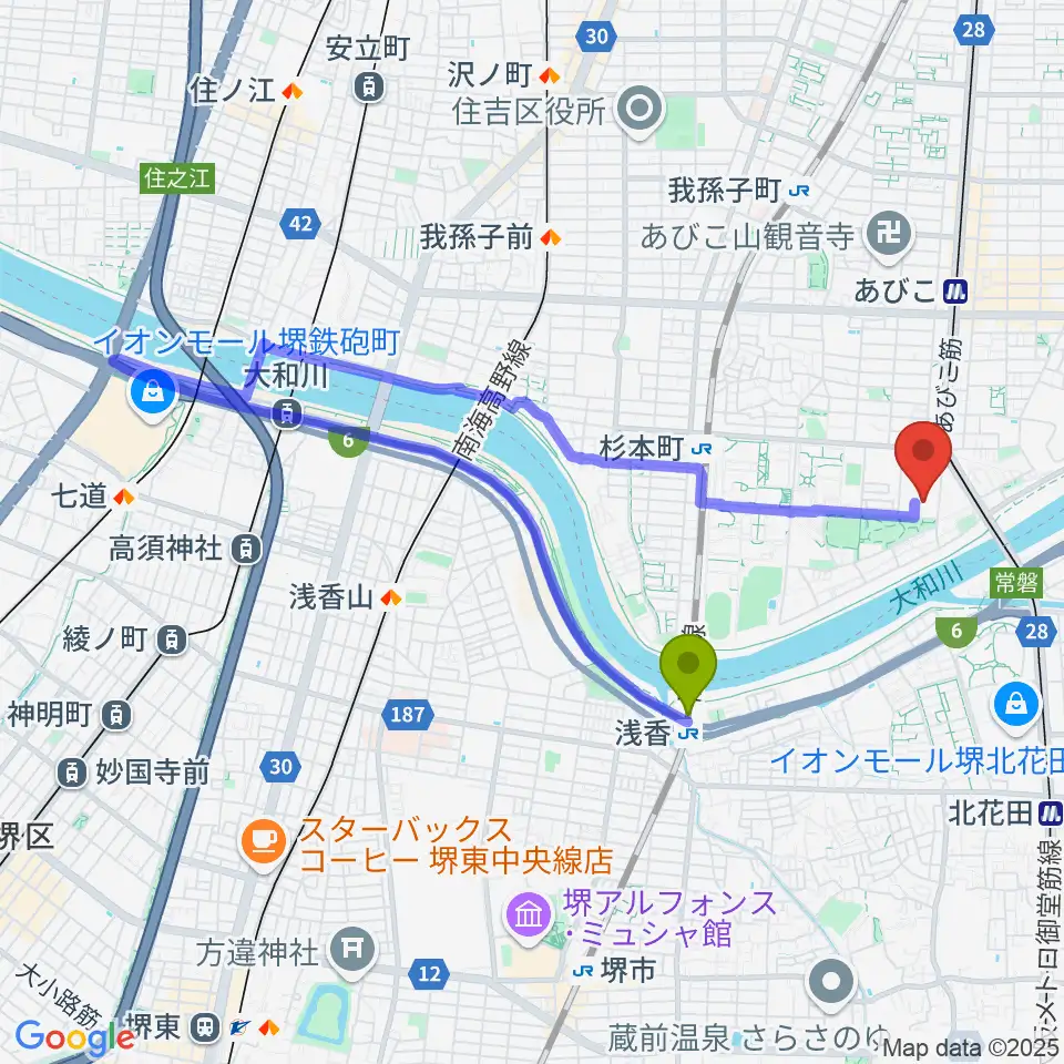 浅香駅から大阪市立住吉スポーツセンター・屋内プールへのルートマップ地図