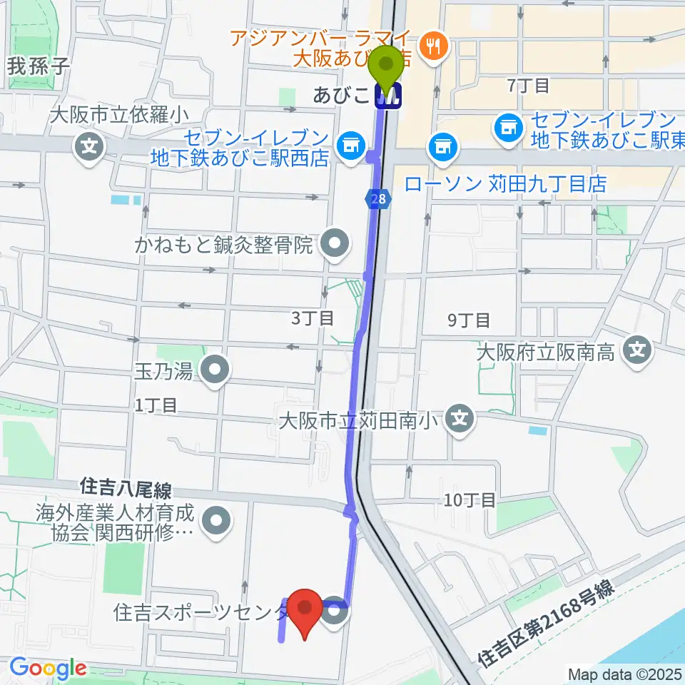 大阪市立住吉スポーツセンター・屋内プールの最寄駅あびこ駅からの徒歩ルート（約13分）地図