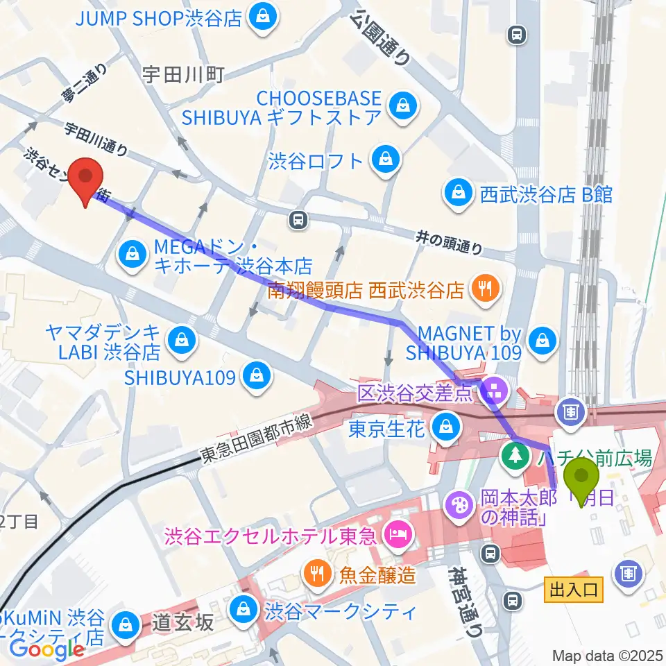 ビーツ渋谷の最寄駅渋谷駅からの徒歩ルート（約7分）地図
