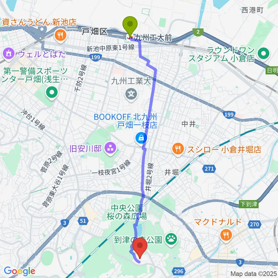九州工大前駅から北九州市立総合体育館へのルートマップ地図