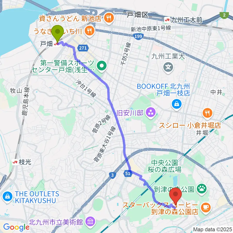 戸畑駅から北九州市立総合体育館へのルートマップ地図