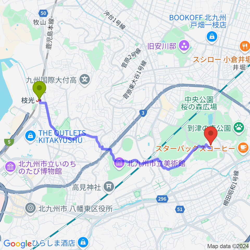 枝光駅から北九州市立総合体育館へのルートマップ地図