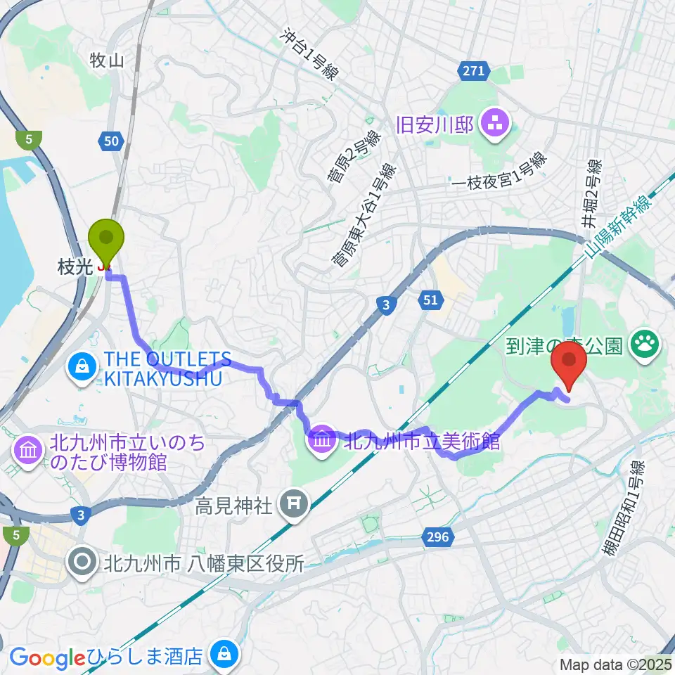 枝光駅から北九州市立総合体育館へのルートマップ地図