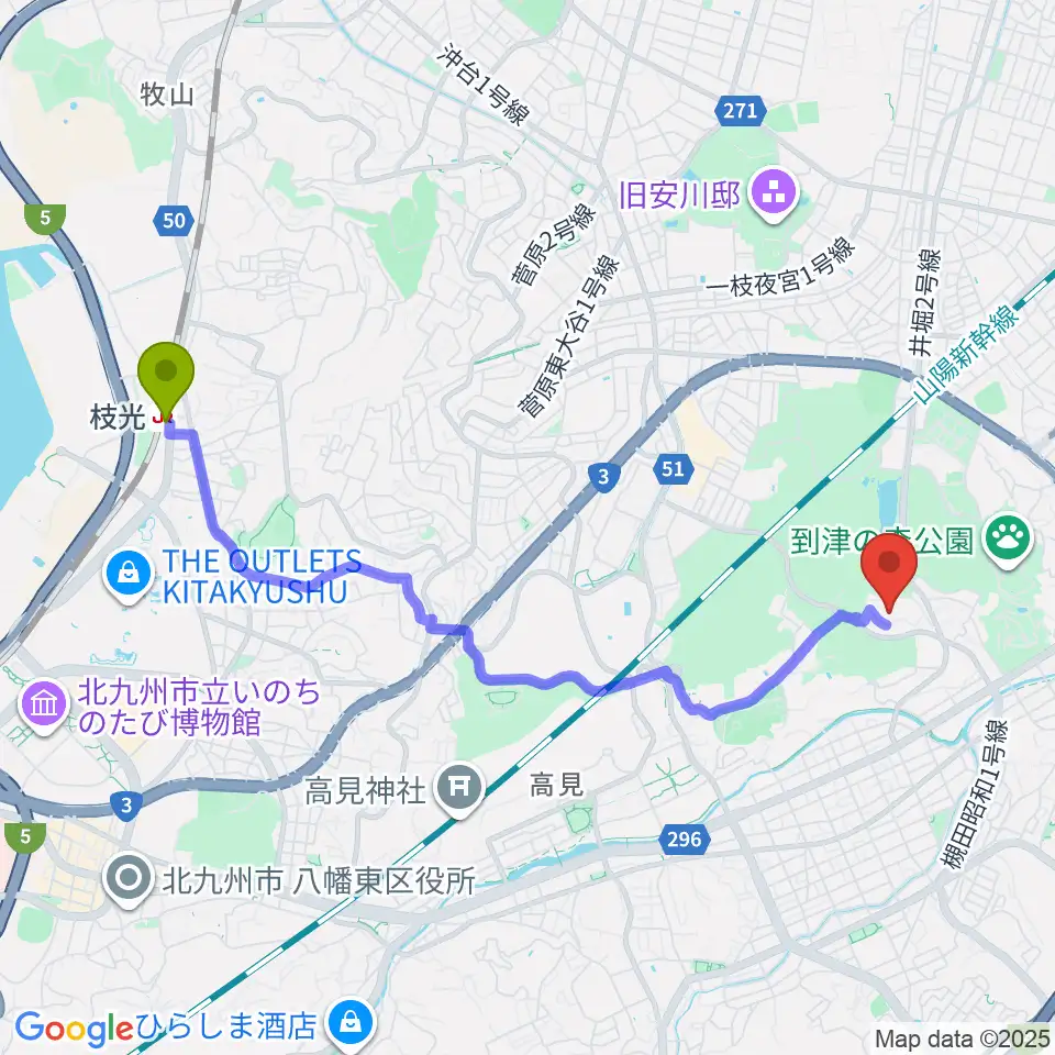 枝光駅から北九州市立総合体育館へのルートマップ地図
