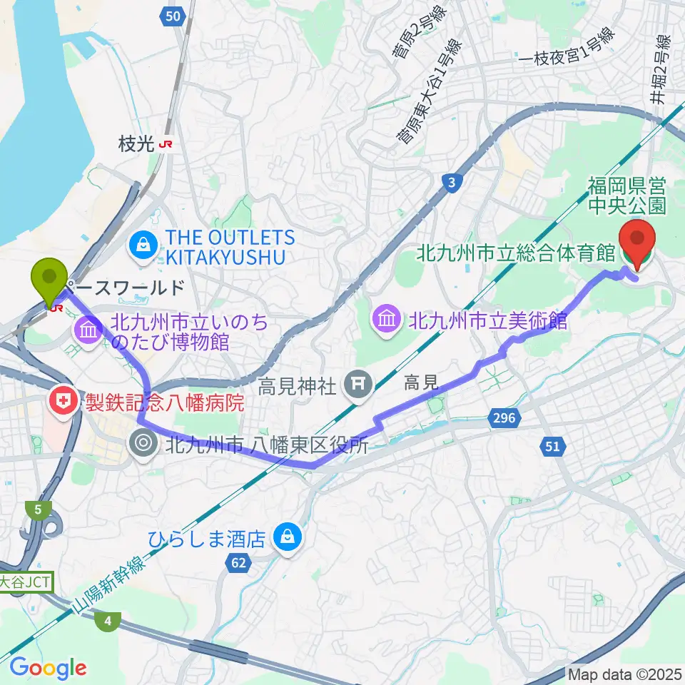 スペースワールド駅から北九州市立総合体育館へのルートマップ地図