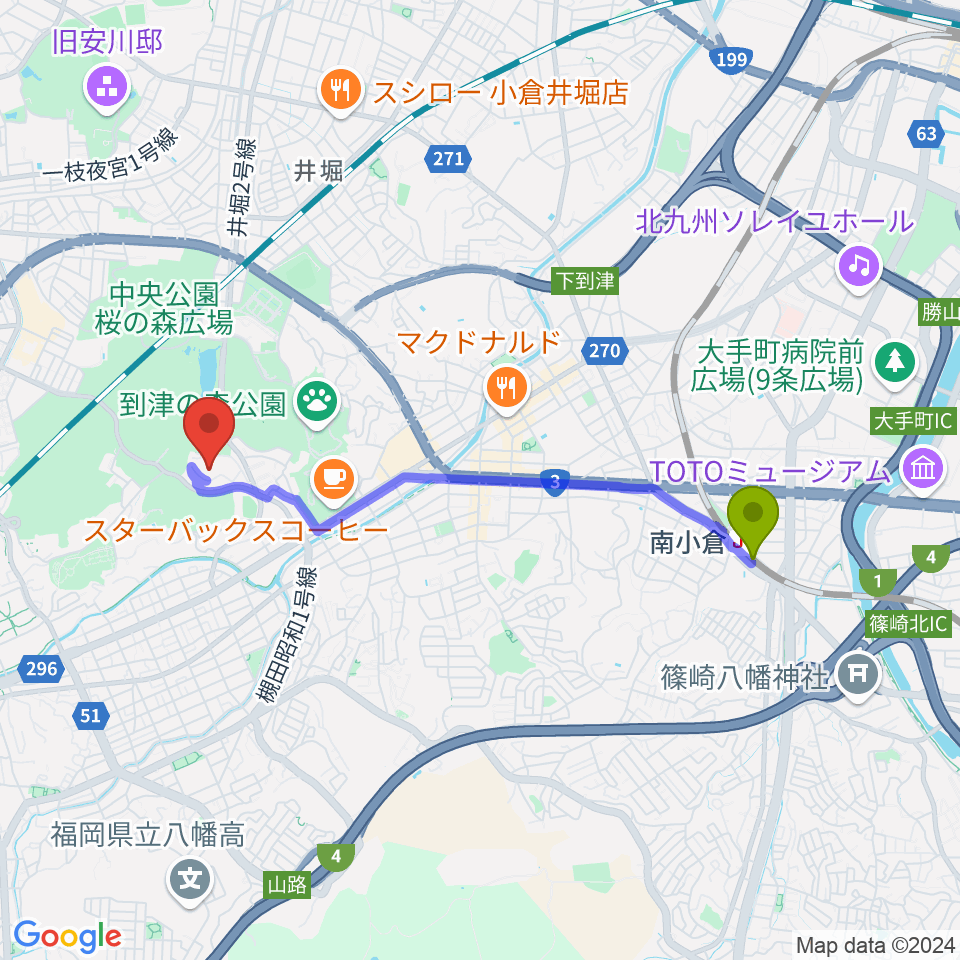 北九州市立総合体育館の最寄駅南小倉駅からの徒歩ルート（約37分）地図