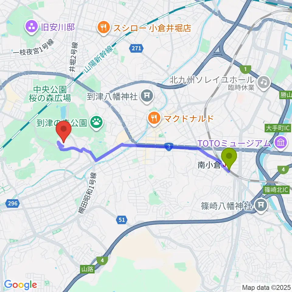 北九州市立総合体育館の最寄駅南小倉駅からの徒歩ルート（約37分）地図
