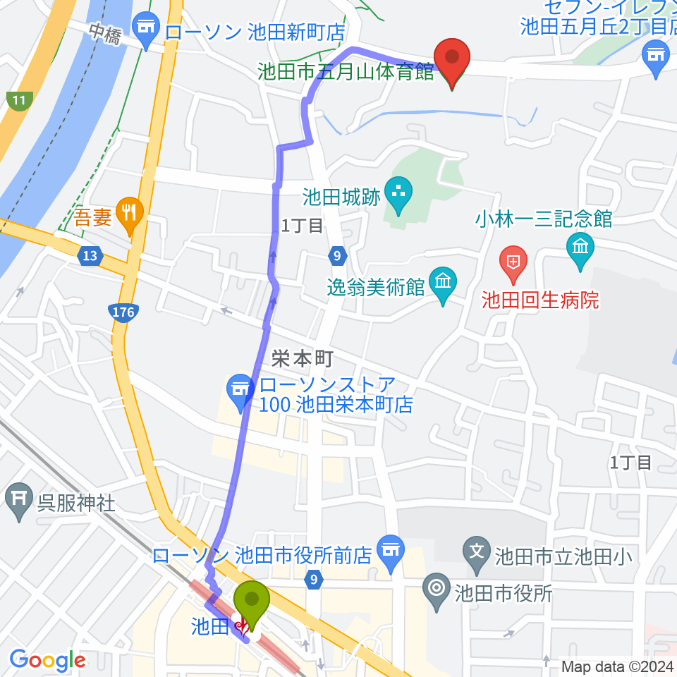 池田市五月山体育館の最寄駅池田駅からの徒歩ルート（約13分）地図