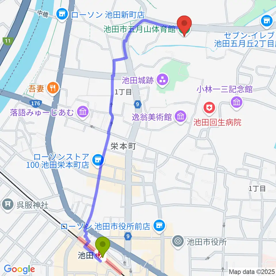 池田市五月山体育館の最寄駅池田駅からの徒歩ルート（約13分）地図