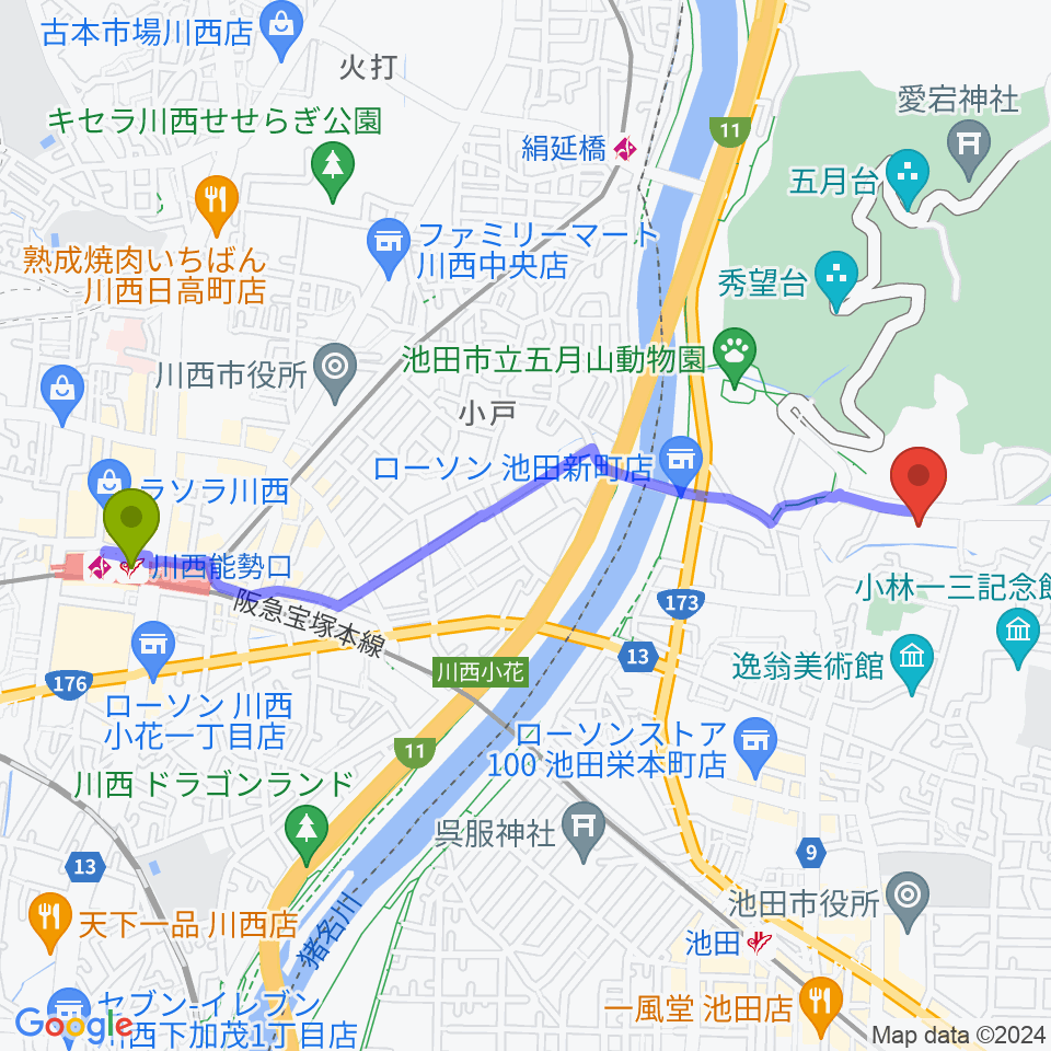 川西能勢口駅から池田市五月山体育館へのルートマップ地図