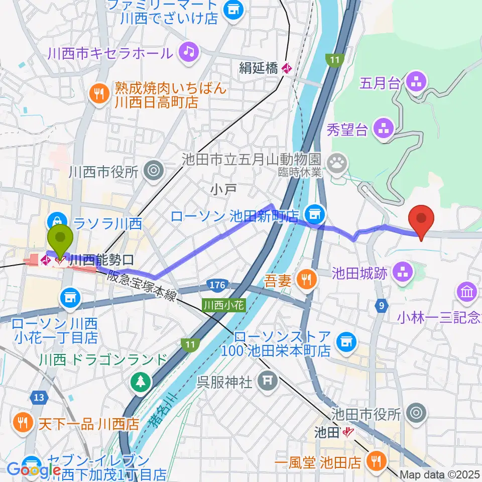 川西能勢口駅から池田市五月山体育館へのルートマップ地図