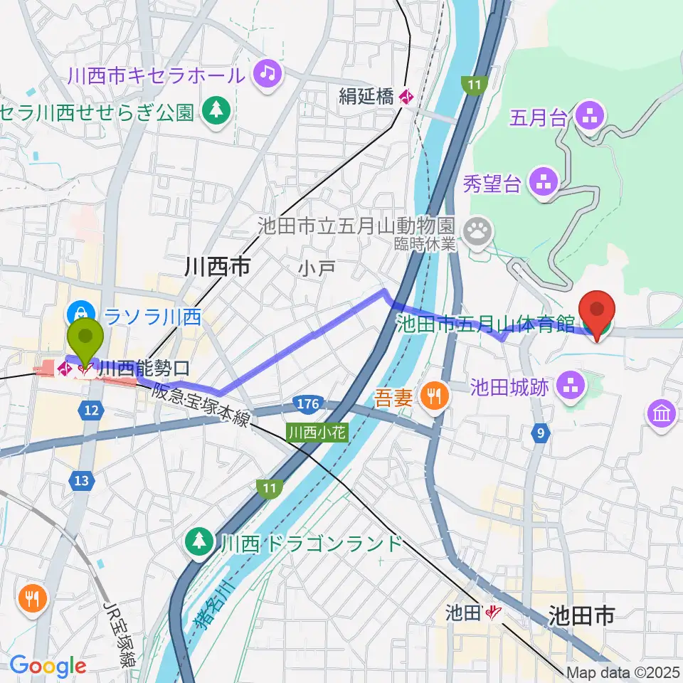 川西能勢口駅から池田市五月山体育館へのルートマップ地図