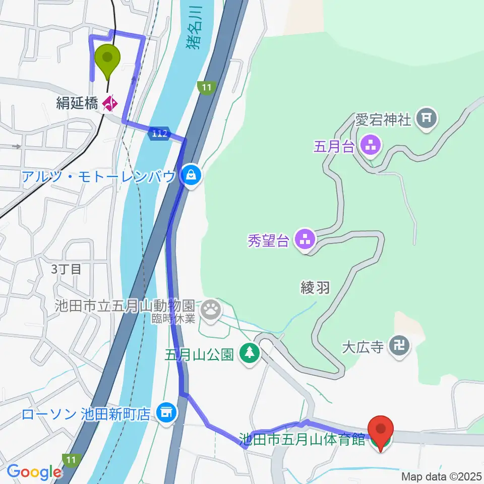 絹延橋駅から池田市五月山体育館へのルートマップ地図