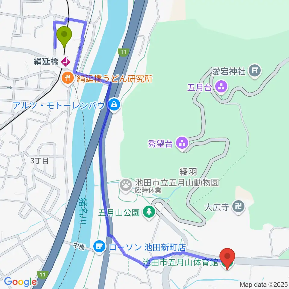 絹延橋駅から池田市五月山体育館へのルートマップ地図