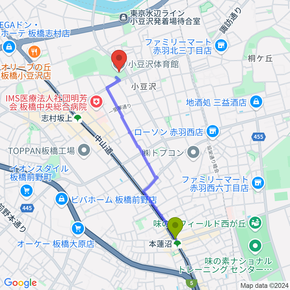 本蓮沼駅から小豆沢体育館へのルートマップ地図