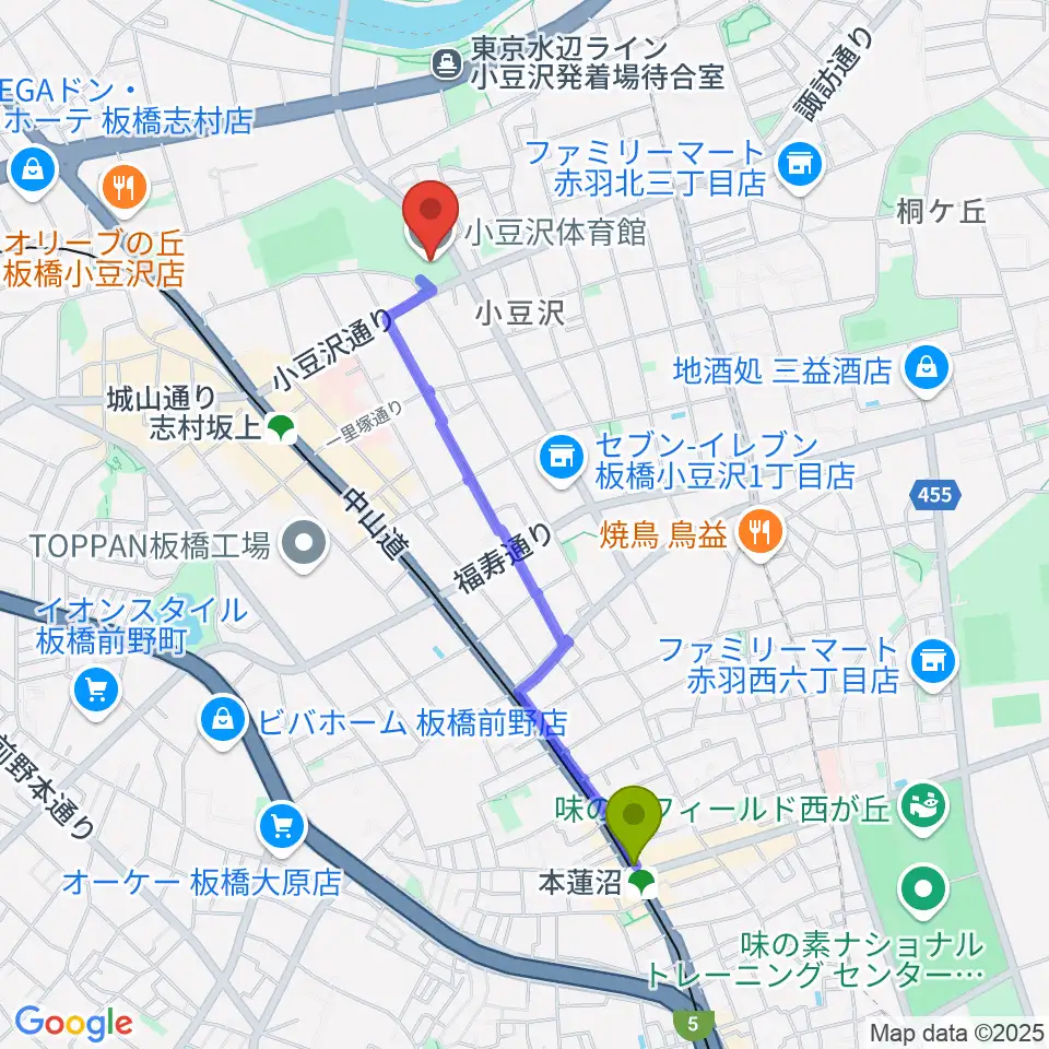 本蓮沼駅から小豆沢体育館へのルートマップ地図