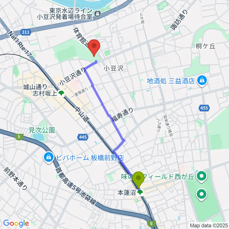 本蓮沼駅から小豆沢体育館へのルートマップ地図