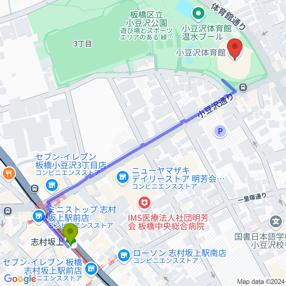 小豆沢体育館の最寄駅志村坂上駅からの徒歩ルート（約7分）地図