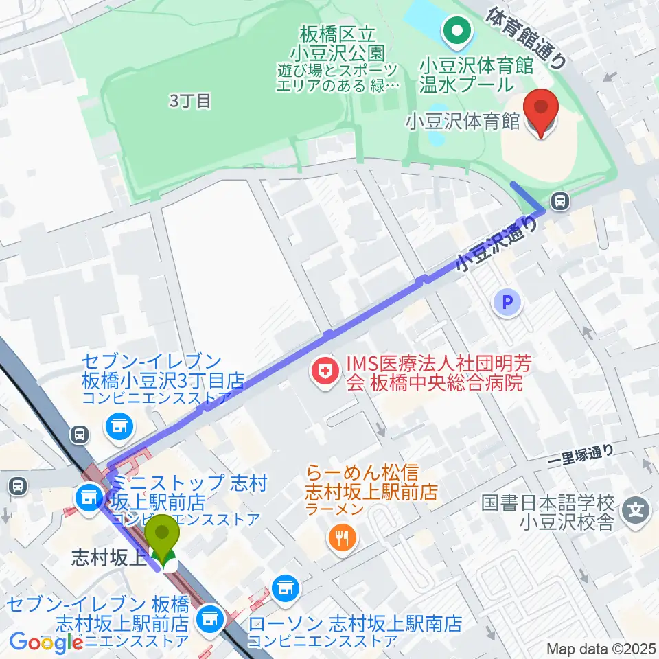 小豆沢体育館の最寄駅志村坂上駅からの徒歩ルート（約7分）地図