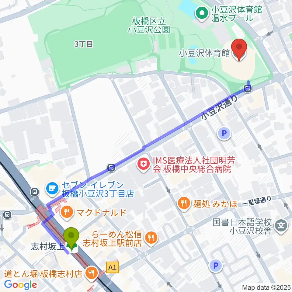 小豆沢体育館の最寄駅志村坂上駅からの徒歩ルート（約7分）地図