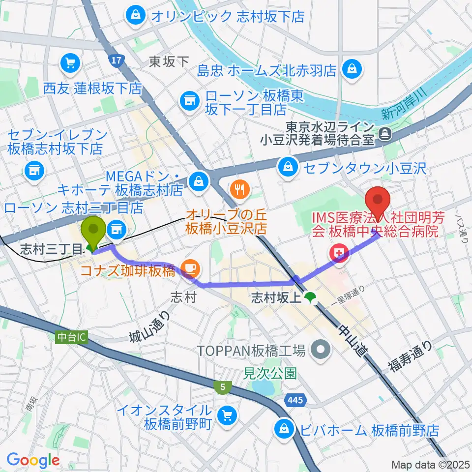 志村三丁目駅から小豆沢体育館へのルートマップ地図