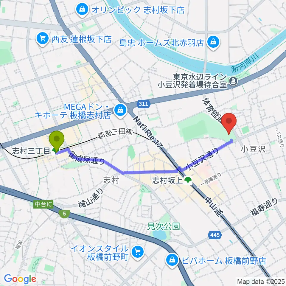 志村三丁目駅から小豆沢体育館へのルートマップ地図
