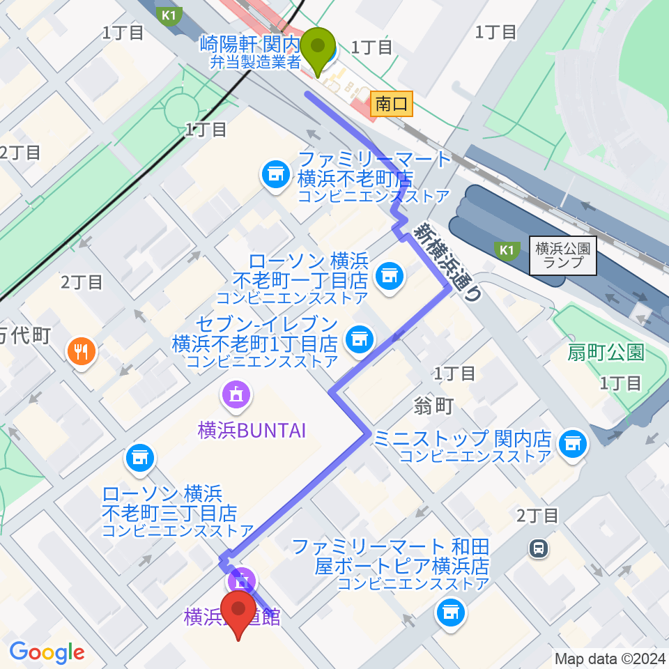 関内駅から横浜武道館へのルートマップ地図