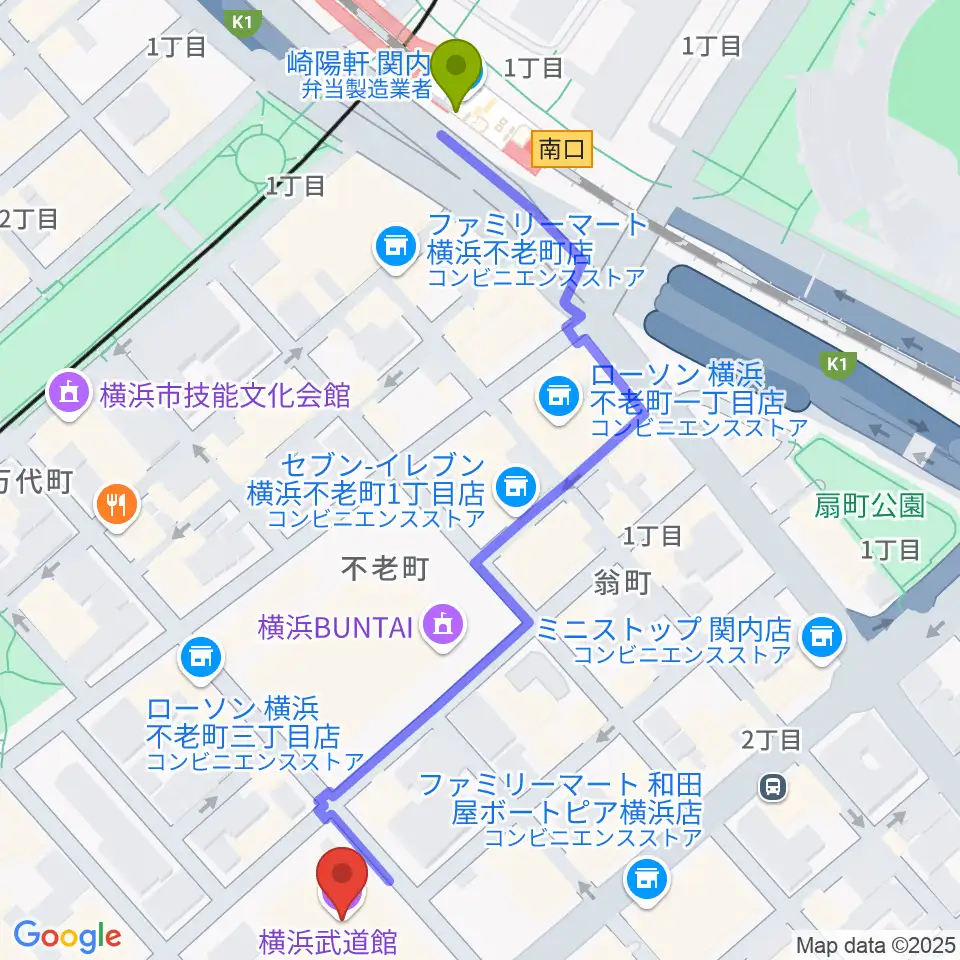 関内駅から横浜武道館へのルートマップ地図