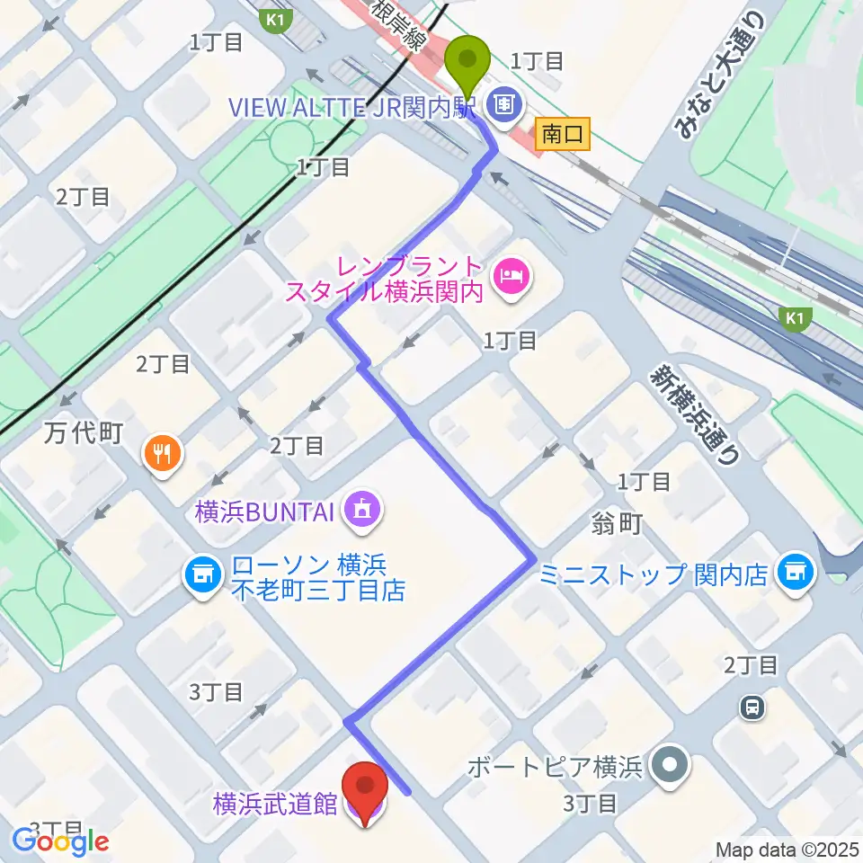 関内駅から横浜武道館へのルートマップ地図