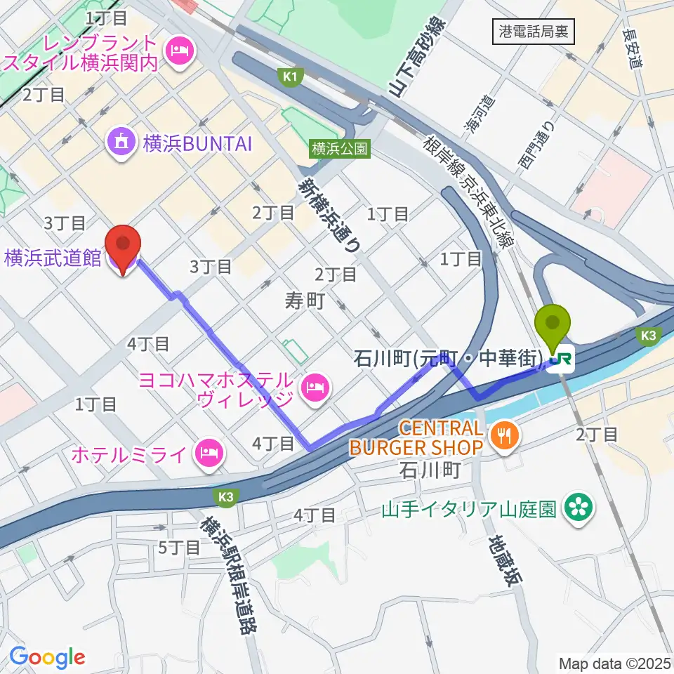 石川町駅から横浜武道館へのルートマップ地図