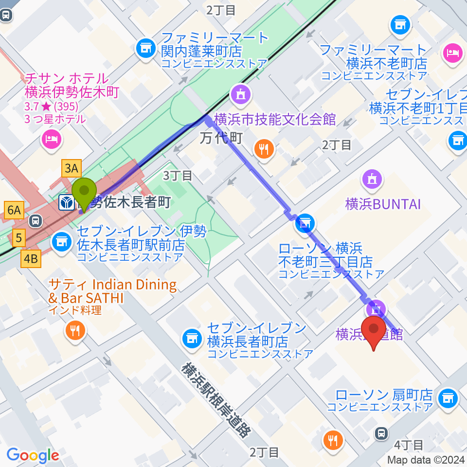 横浜武道館の最寄駅伊勢佐木長者町駅からの徒歩ルート（約5分）地図