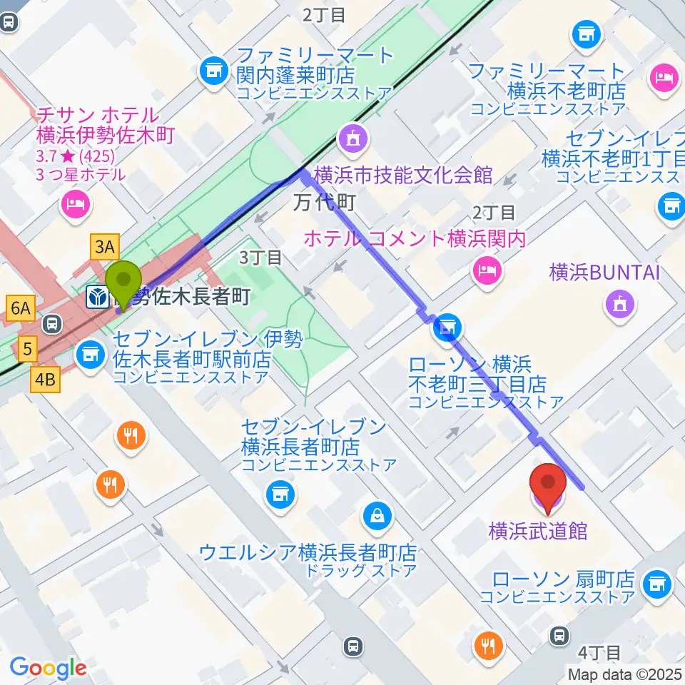 横浜武道館の最寄駅伊勢佐木長者町駅からの徒歩ルート（約5分）地図