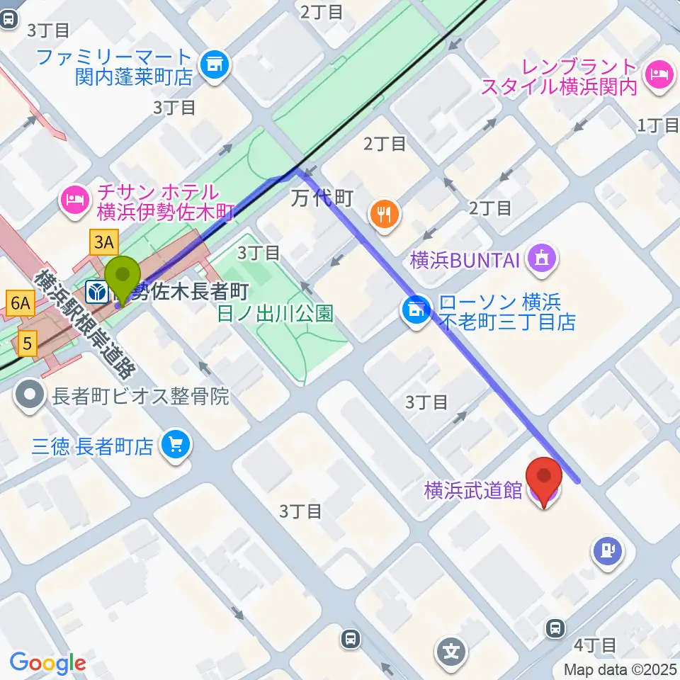 横浜武道館の最寄駅伊勢佐木長者町駅からの徒歩ルート（約5分）地図