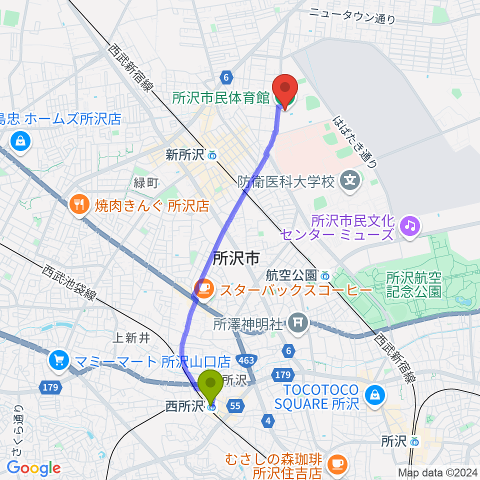 西所沢駅から所沢市民体育館へのルートマップ地図