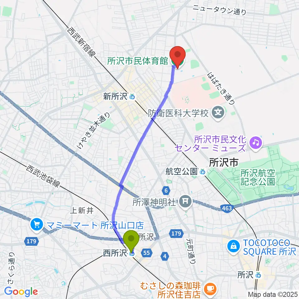 西所沢駅から所沢市民体育館へのルートマップ地図