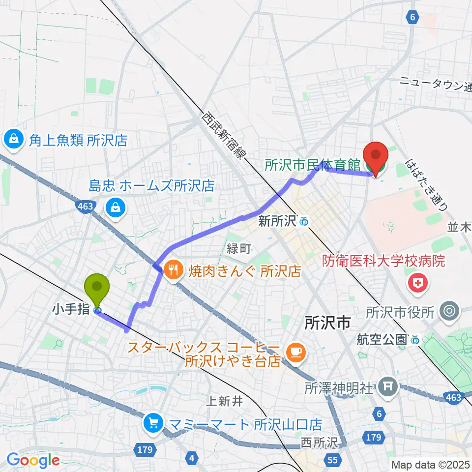 小手指駅から所沢市民体育館へのルートマップ地図
